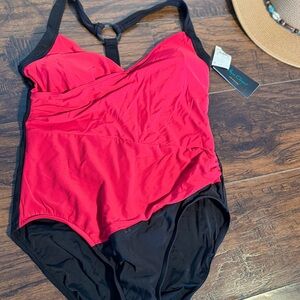 Aqua Green Red and Black One Piece Swimsuit with Racerback